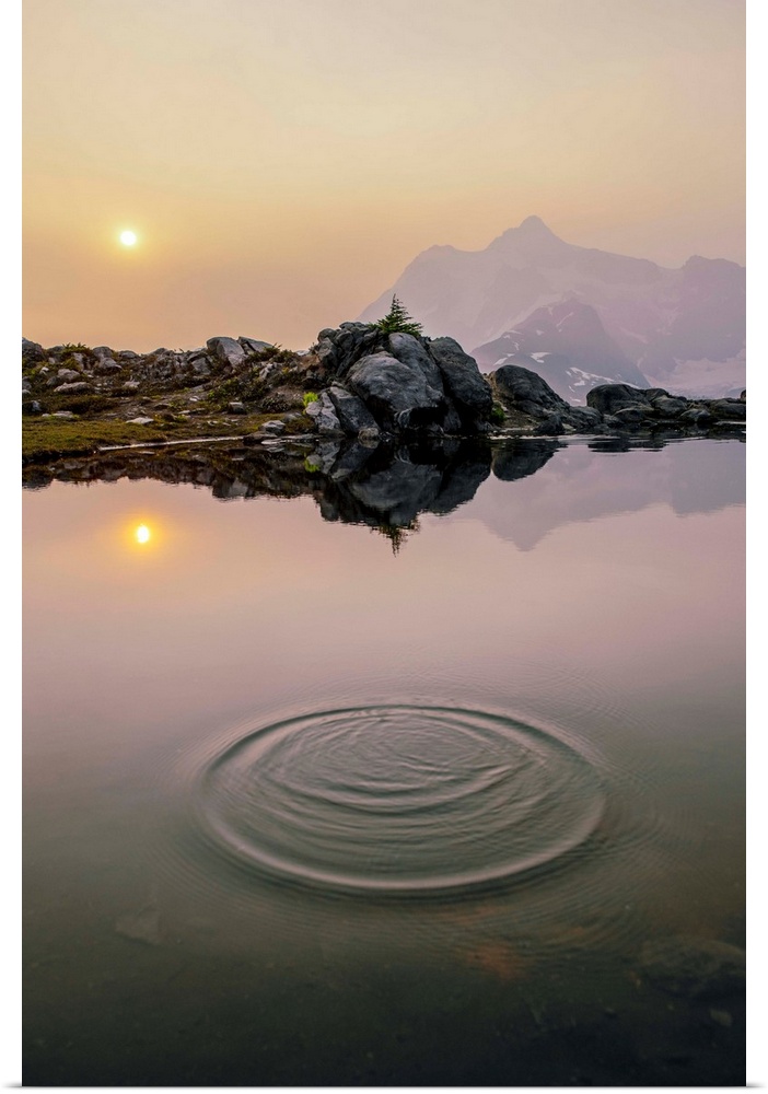A ripple on a pond near Artist Point Trail with the sun rising over Mount Shuksan in the background, Washington.