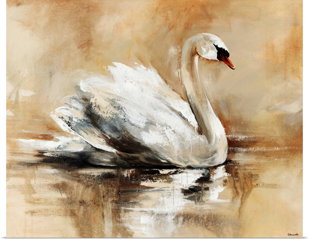 Abstrated painting of a beautiful swan floating gracefully atop a lake.