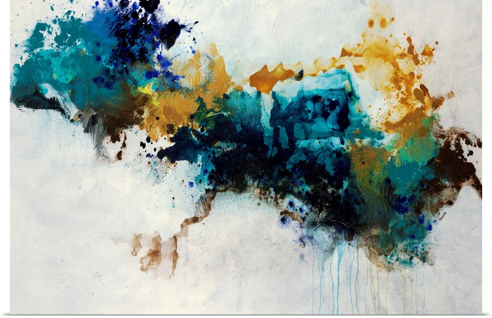 Contemporary abstract painting of a huge splatter in teal, blue and golden yellow hues crossing the compositional horizont...
