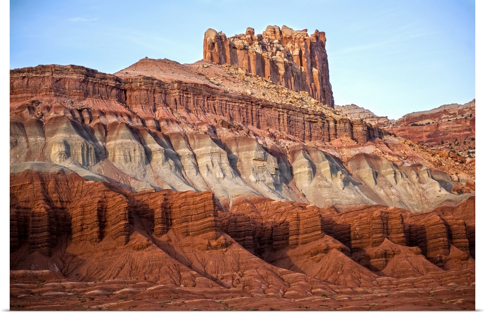 View of 'The Castle' rock layers near Capitol Reef National Park visitor center.