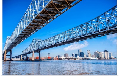 The Crescent City Connection and New Orleans Skyline Over the Mississippi Bridge