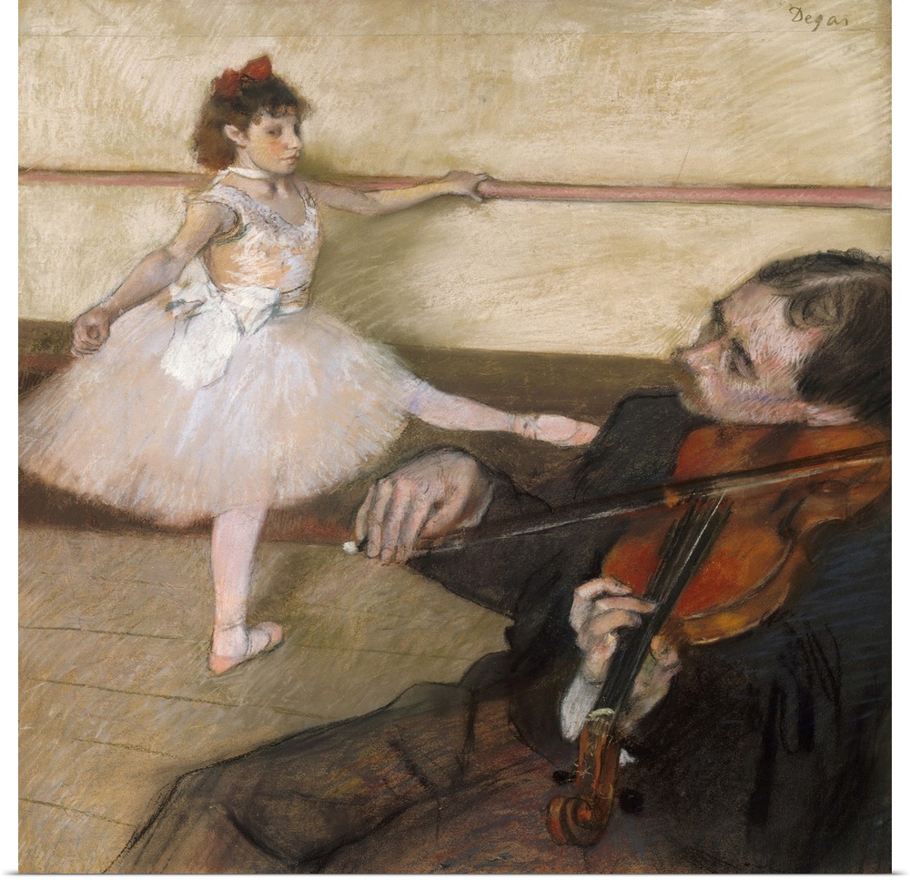 Degas made various adjustments to this composition, presumably to accommodate the violinist in his final design. He added ...