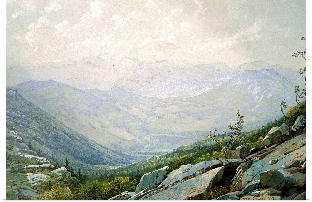 Painting of sunlight warming the rocky wilderness of a mountain valley in New Hampshire.