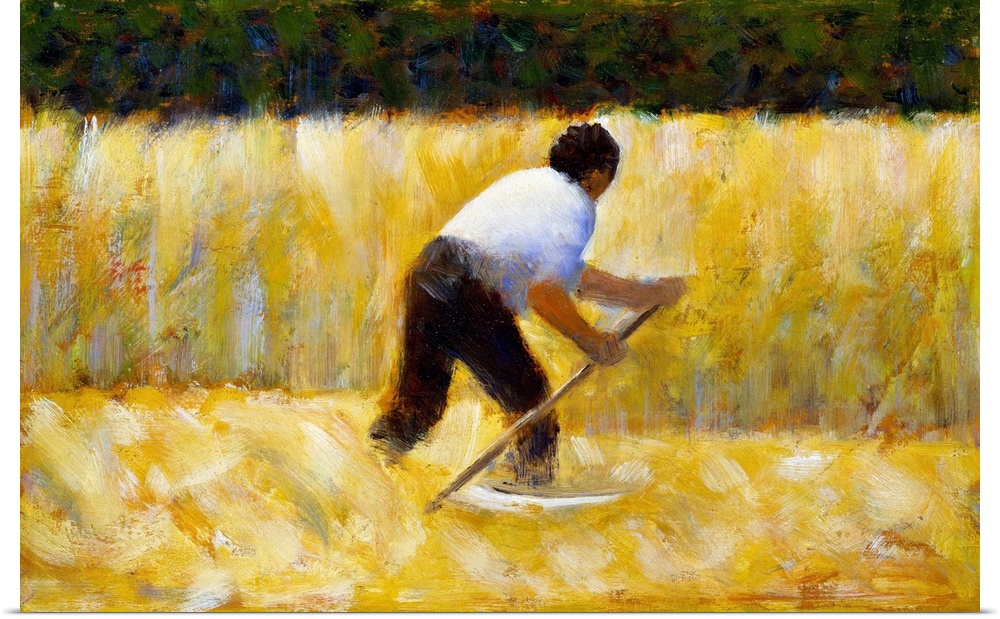 A man with a scythe harvests a field of golden wheat.