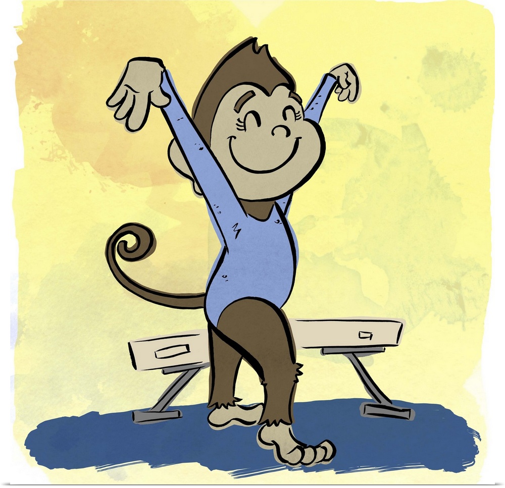 Fun cartoon artwork of a monkey posing after a landing from the balance beam.
