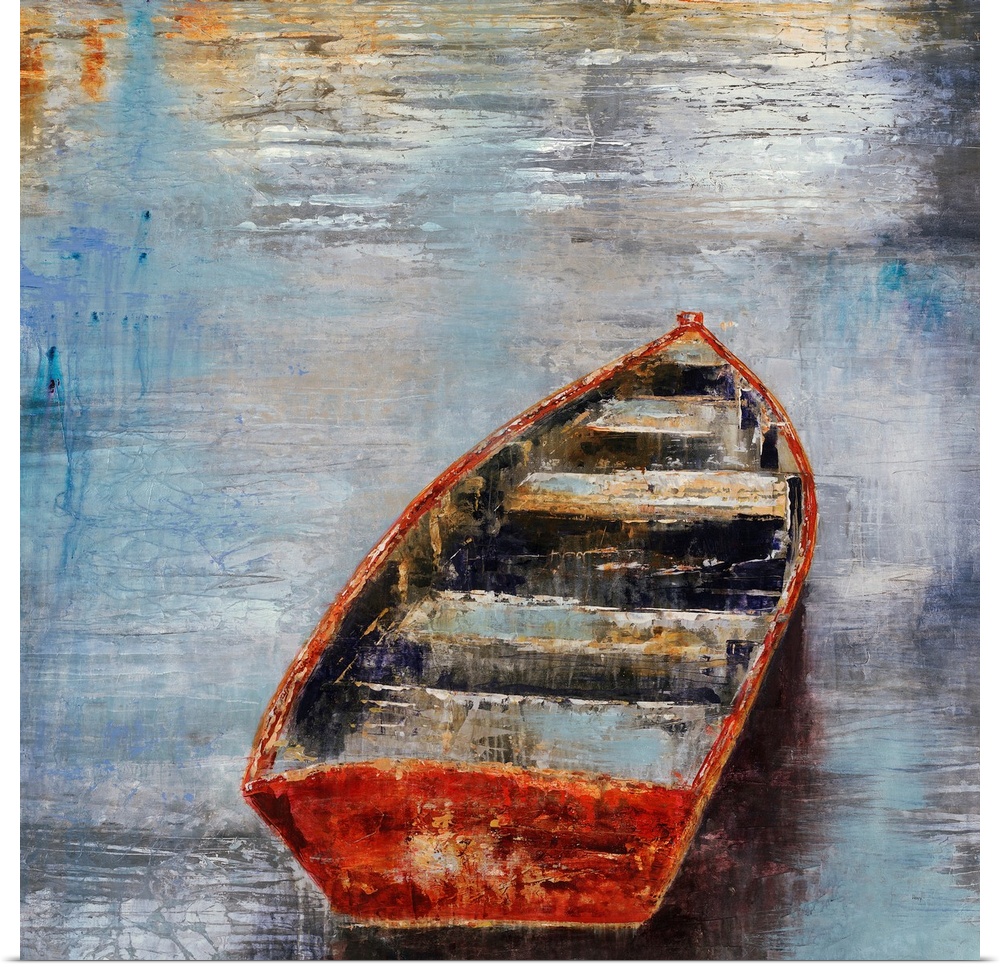 Textured painting of an empty rowboat sitting in calm water at sunset.