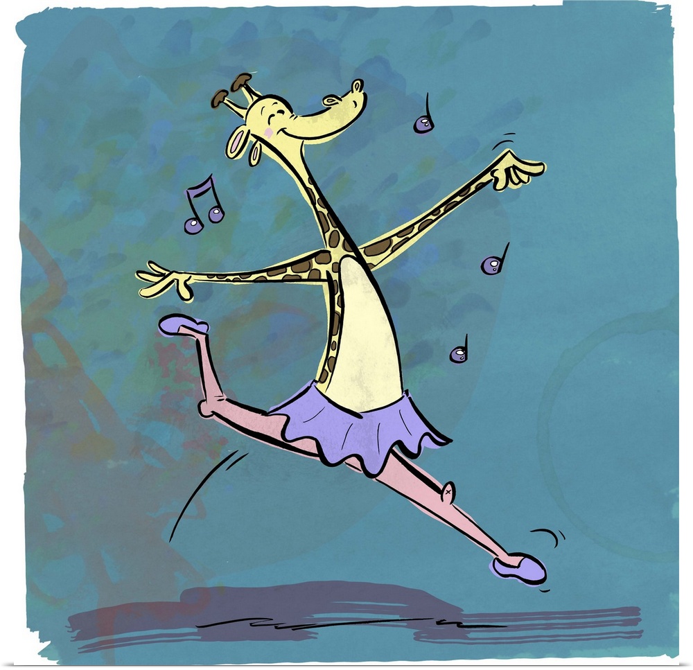 Fun cartoon artwork of a ballerina giraffe leaping with music.