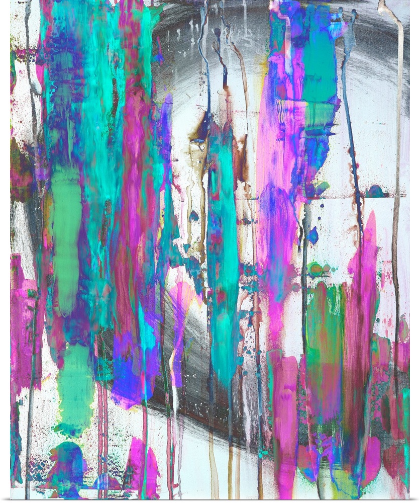 Contemporary abstract of bold vertical brush strokes in tones of pink, blue and gray.