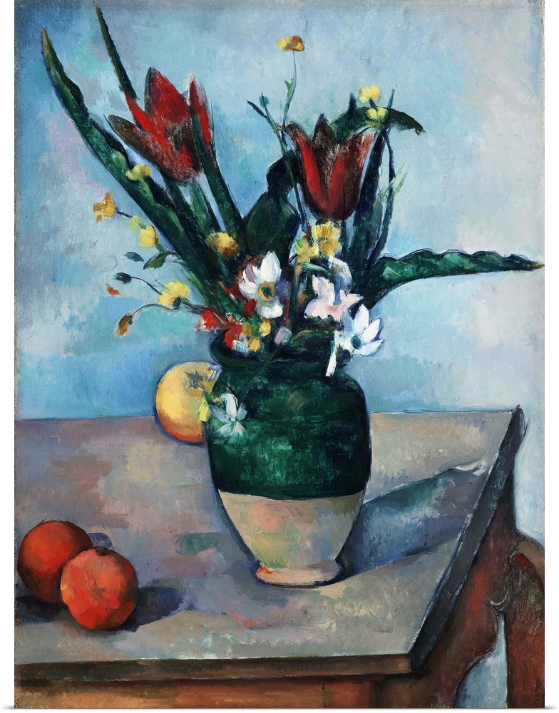 The table in this still life of flowers and fruit appears in several of Paul Cezanne's other paintings, although scholars ...