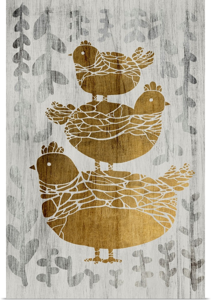 Gold leaf on weathered wood with a fern pattern of three chickens.