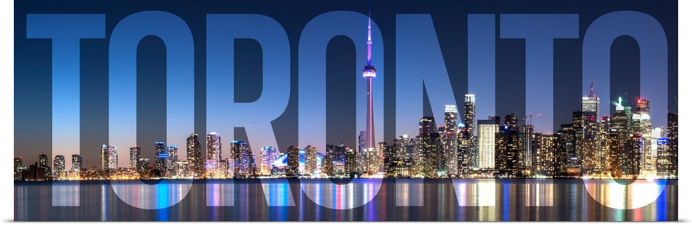 Transparent typography art overlay against a photograph of the Toronto city skyline.