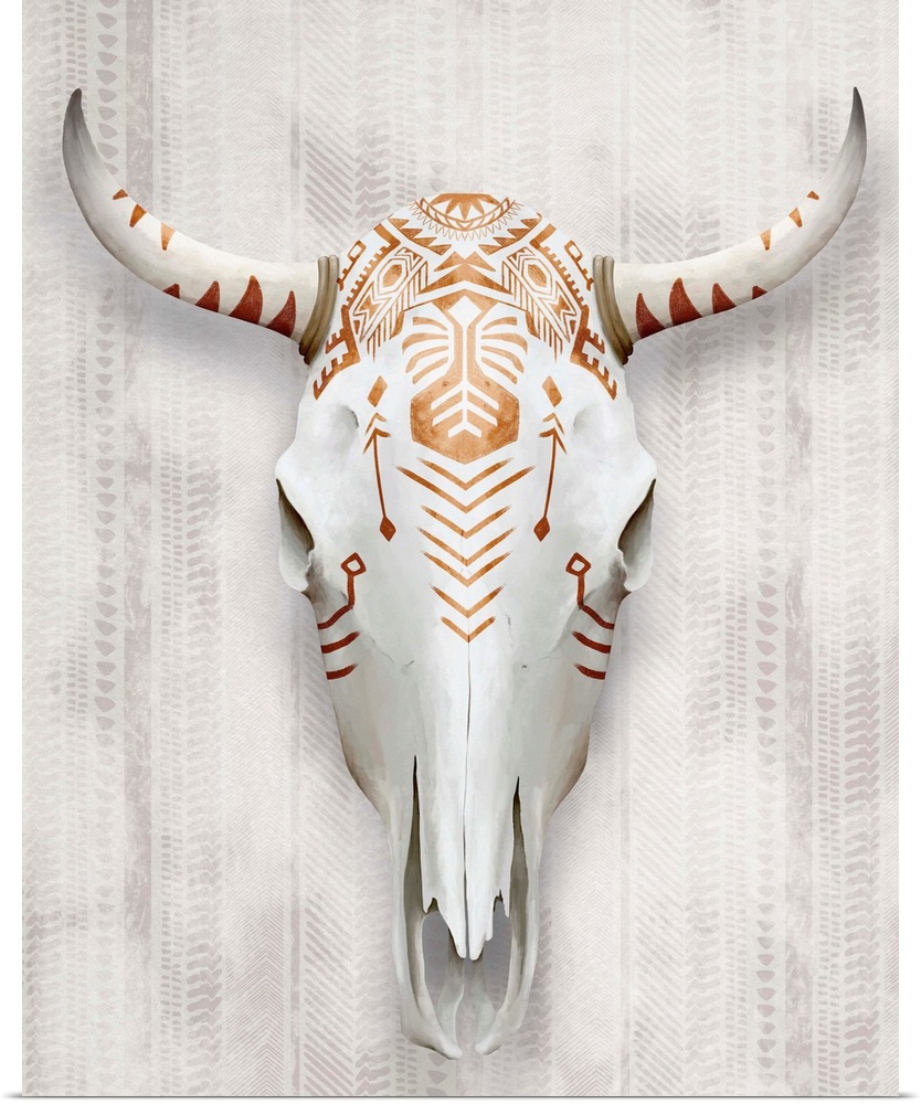 A white bull's skull painted with copper-colored tribal patterns and symbols.
