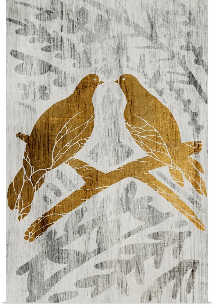 Gold leaf on weathered wood with a fern pattern of two doves on a branch.