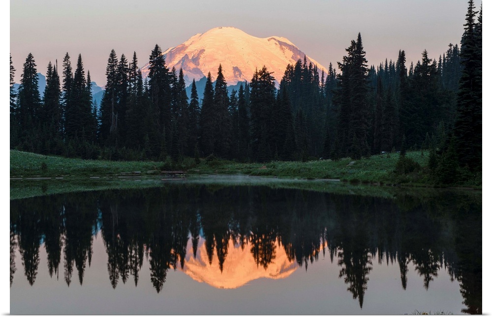 View of Mount Rainier's peak reflection in Upper Tipsoo Lake, Washington.
