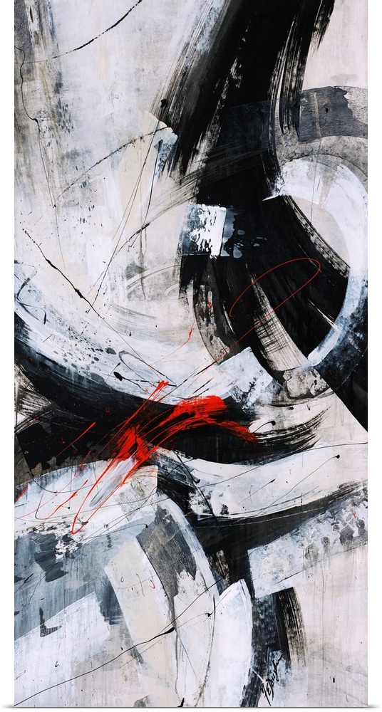 Contemporary abstract painting of various long and thick brushstrokes on top of a neutral background.