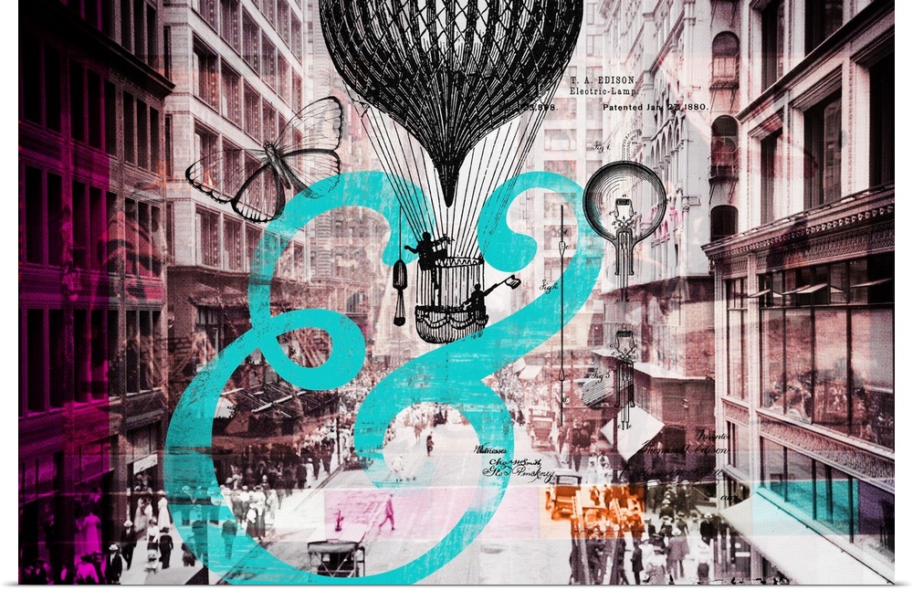 A vintage cityscape photograph overlaid with vintage illustrations of a hot air balloon and a blue ampersand sign.