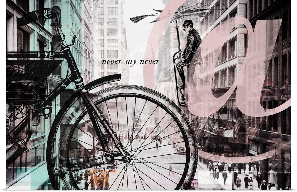 A vintage cityscape photograph overlaid with vintage illustrations of a bicycle, flying machine, and a pink At sign.