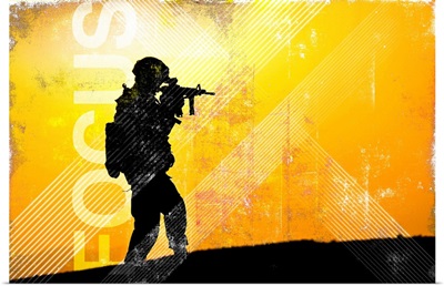 US Army Grunge Poster: Focus. U.S. Army soldier secures an area in Zabul, Afghanistan