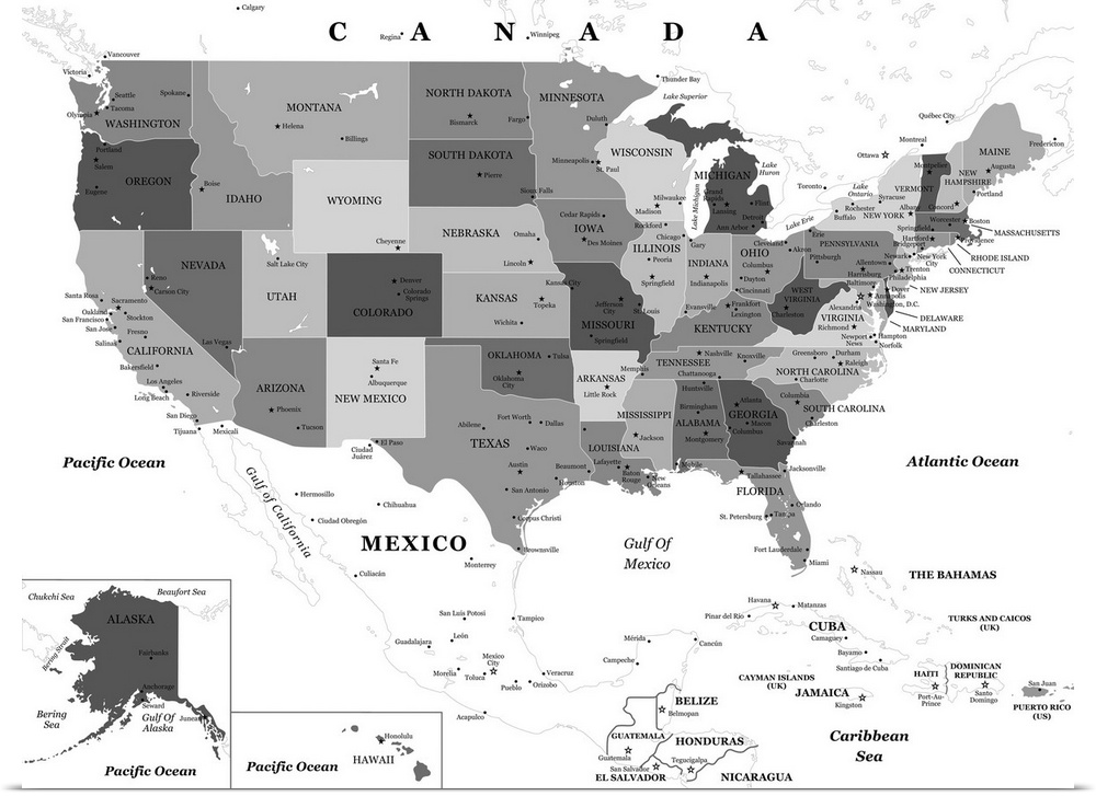 Large black and white map of the United States of America with a classic font.