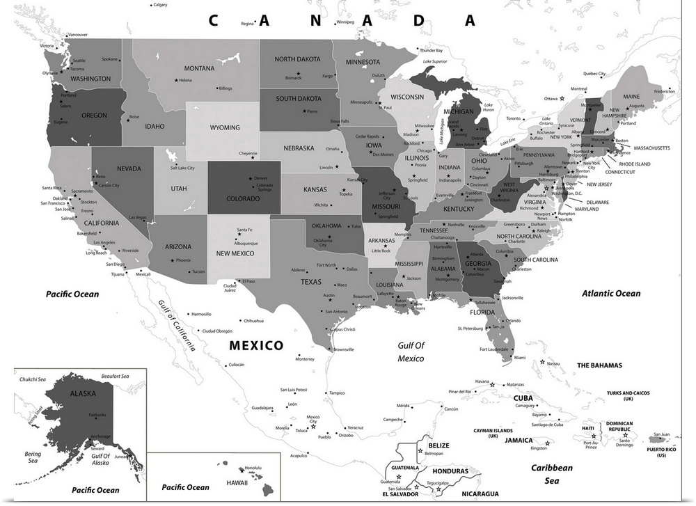 Large black and white map of the United States of America with a modern font.