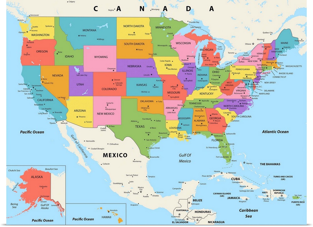 Large color map of the United States of America with a modern font.