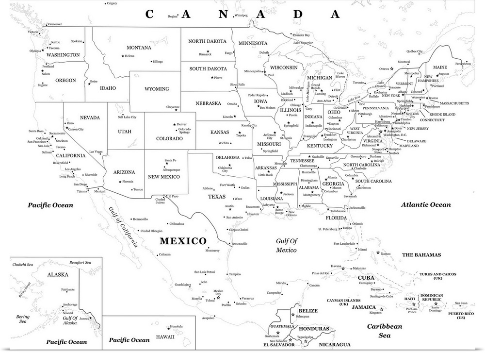 Black and white outlined map of the United States with a classic font.