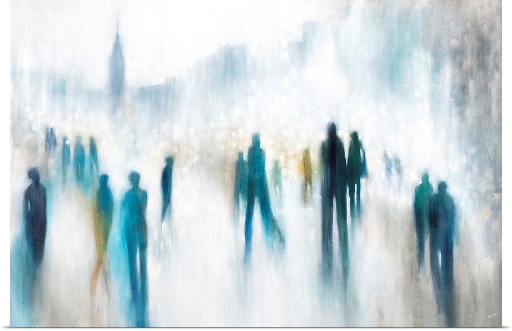 Contemporary abstract painting of elongated, silhouetted figures with cityscape in background.