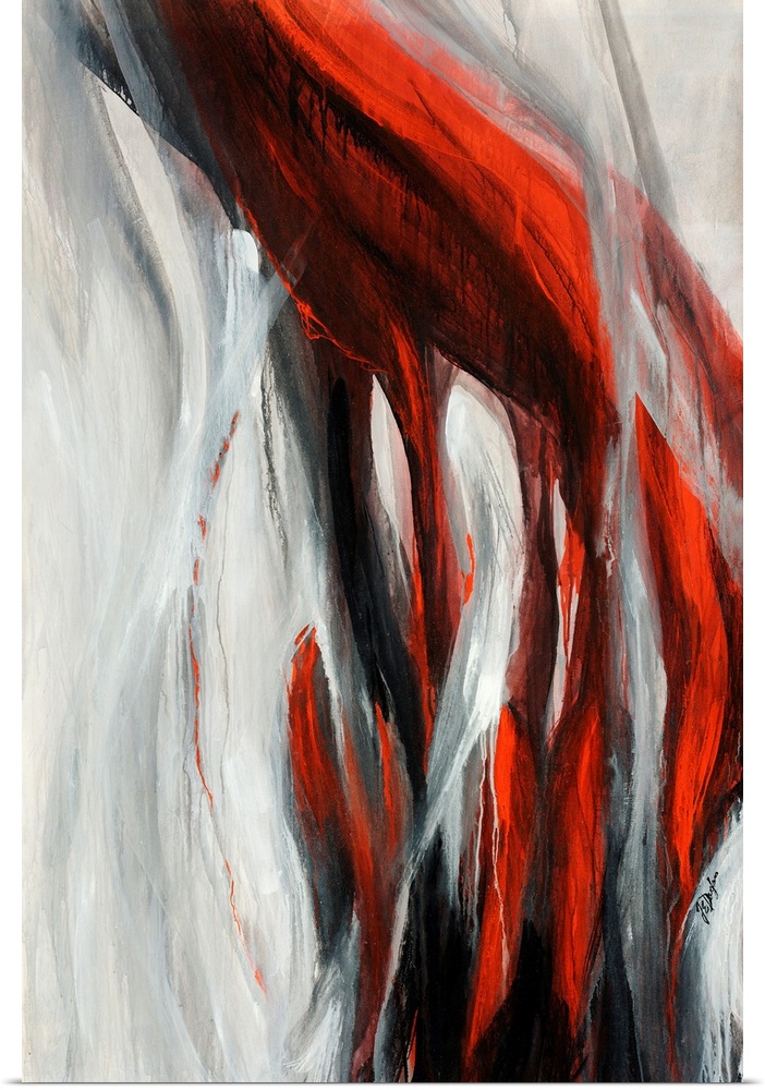 Contemporary abstract painting featuring long trailing strokes, resembling a hand under a hanging veil.