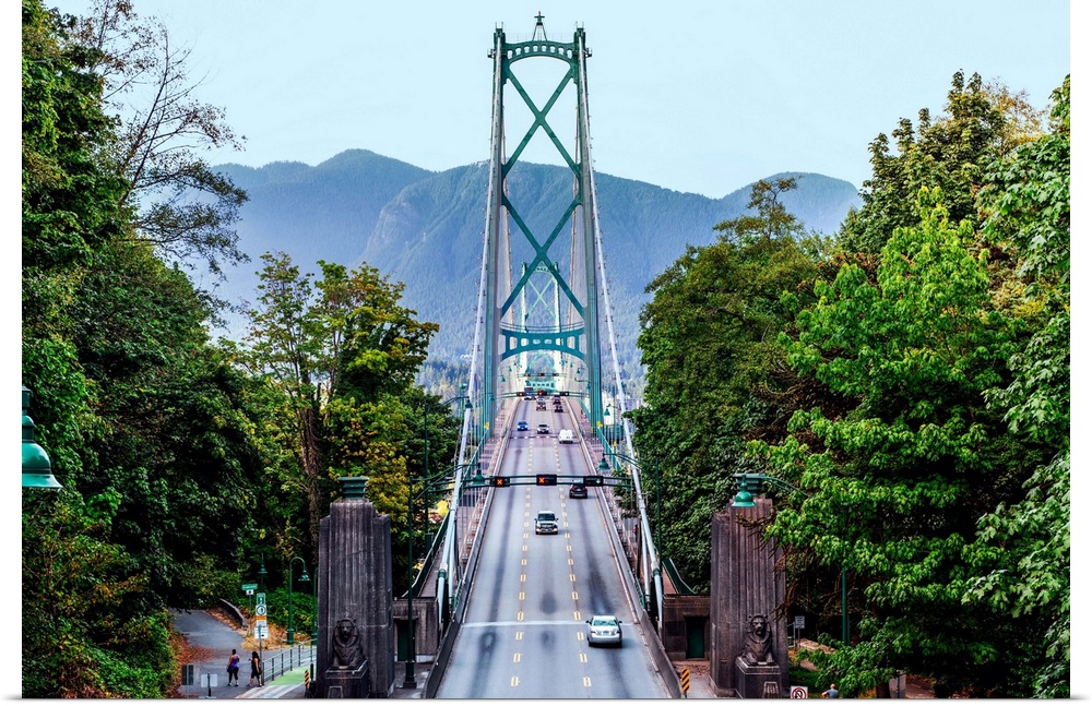 View of Lions Gate Bridge from Stanley Park in Vancouver, British Columbia, Canada.