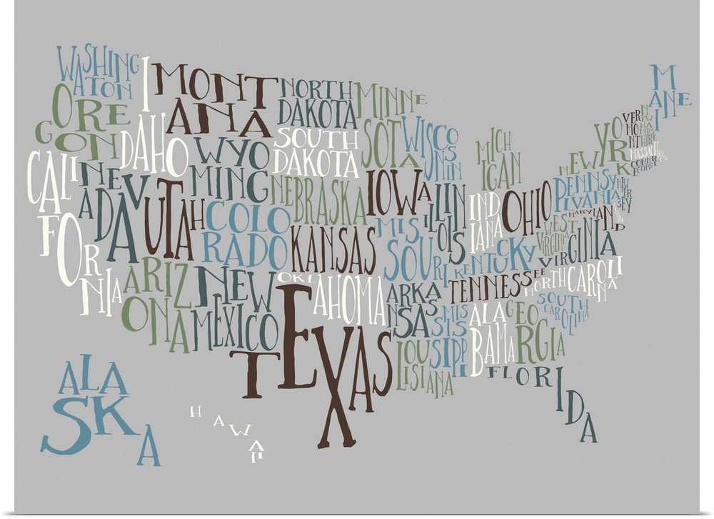 A hand-drawn typography map of the United States with all the state names, in white, blue, and black.
