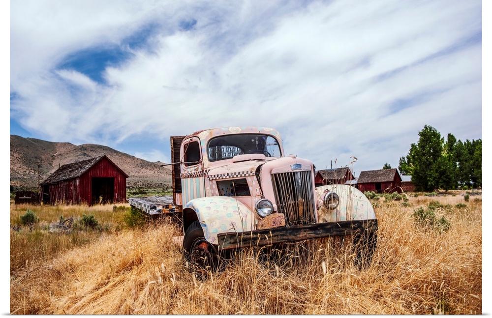 View of a vintage truck near Lake Tahoe in California and Nevada.