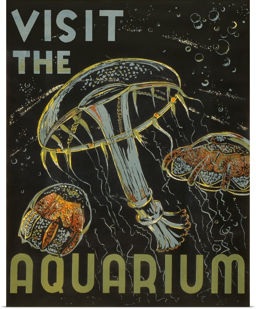 Visit the aquarium. Poster promoting aquariums as places to visit, showing jellyfish. Library of Congress, Prints and Phot...