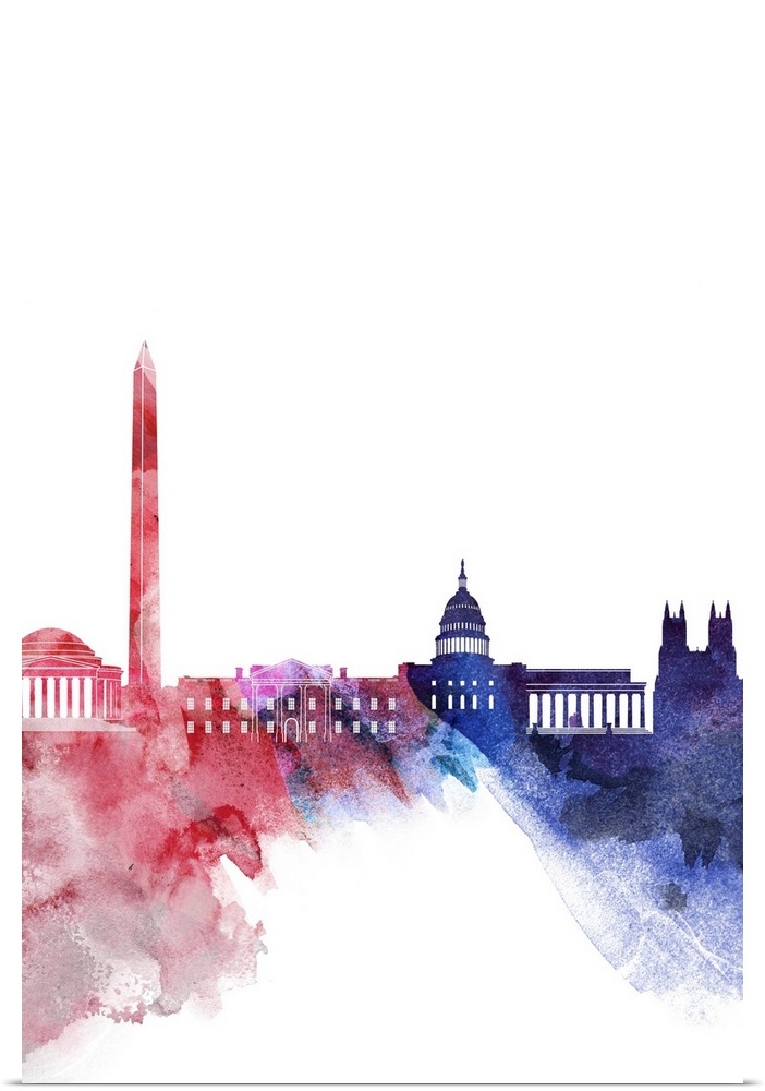 Contemporary watercolor skyline of Washington DC in red white and blue.