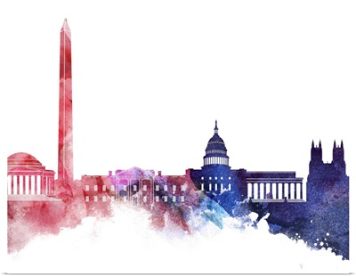 Washington DC Watercolor Cityscape - Red and Blue II