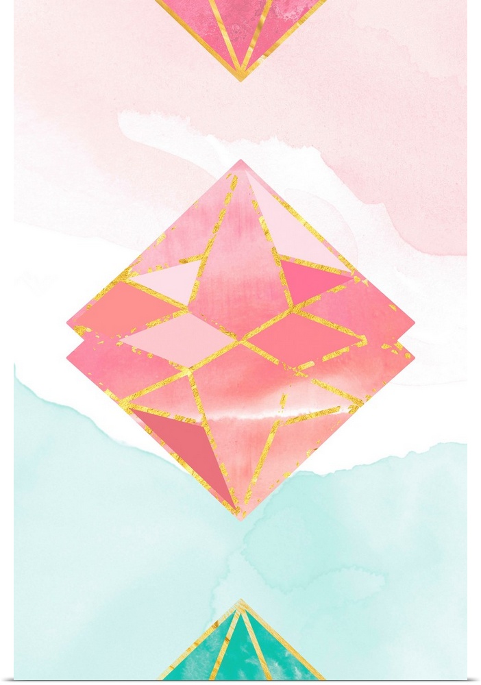 Watercolor image of green and pink gemstones with golden edges.