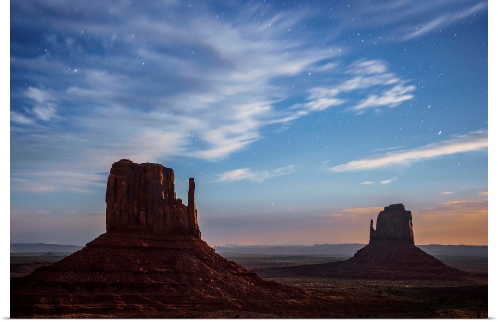 West and East Mitten Butte in Monument Valley after sunset, Arizona.