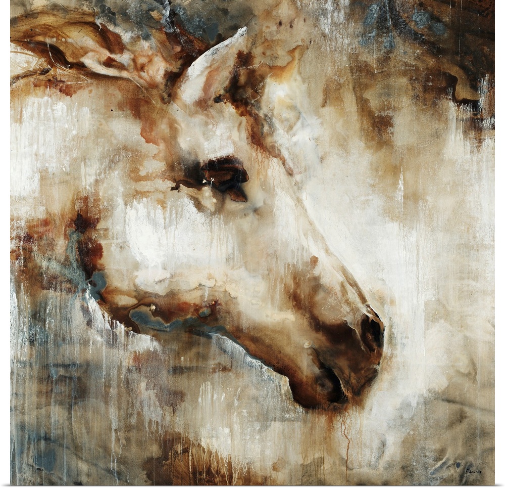 Huge contemporary art shows a portrait of a horse's head from a side view through a multitude of earth tones.