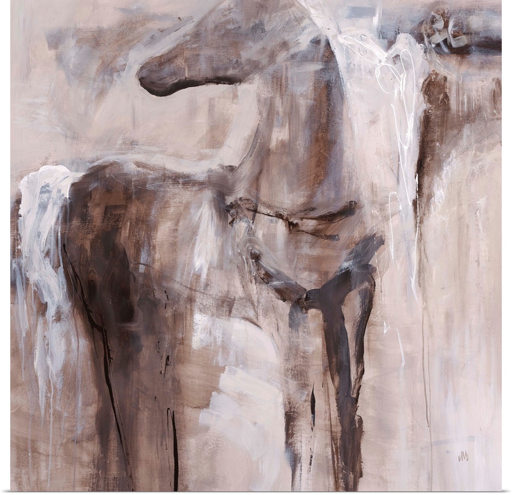 Abstract painting of a figure of a horse fading into the background of earthy tones.