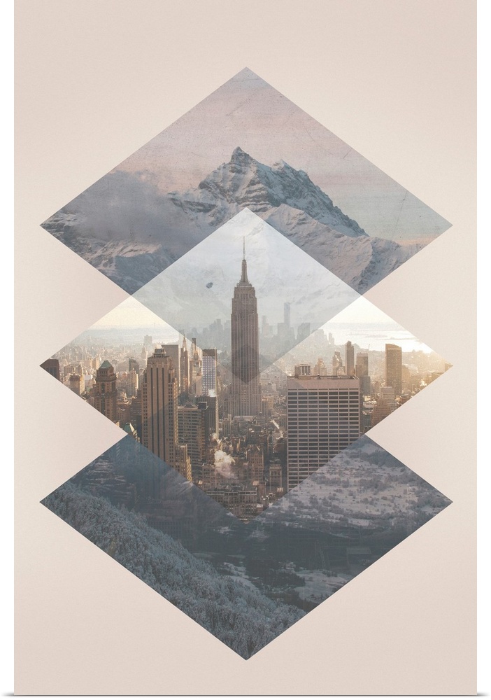 Contemporary collage style artwork of stitched images of New York city and mountain ranges.