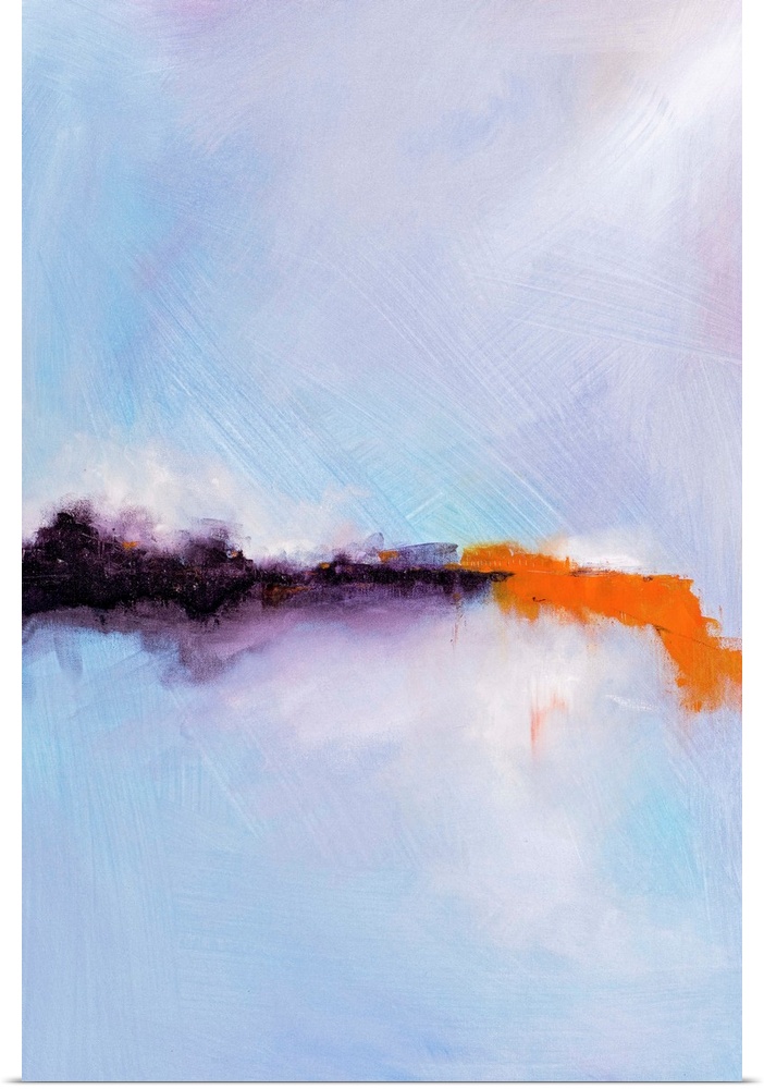 Contemporary abstract artwork in shades of pastel blue and lavender, with a bright pop of orange.