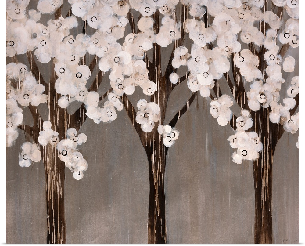 Contemporary abstract painting of trees with white circular flowers.