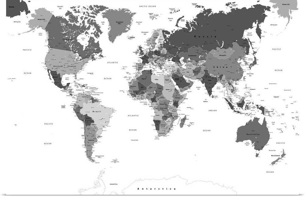 Large black and white map of the World with a modern font.