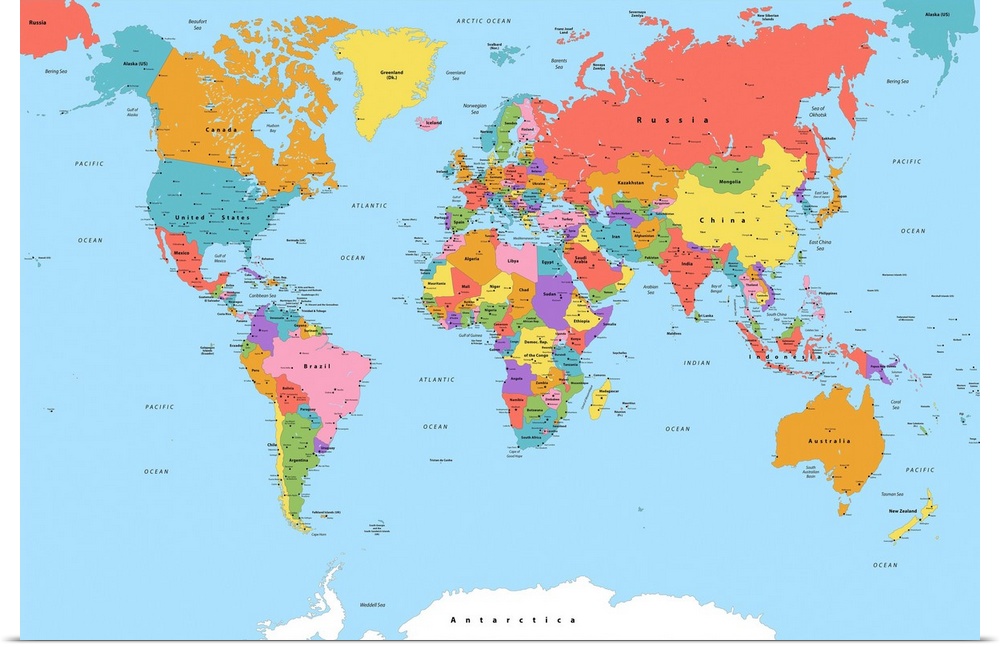 Large color map of the World with a modern font.
