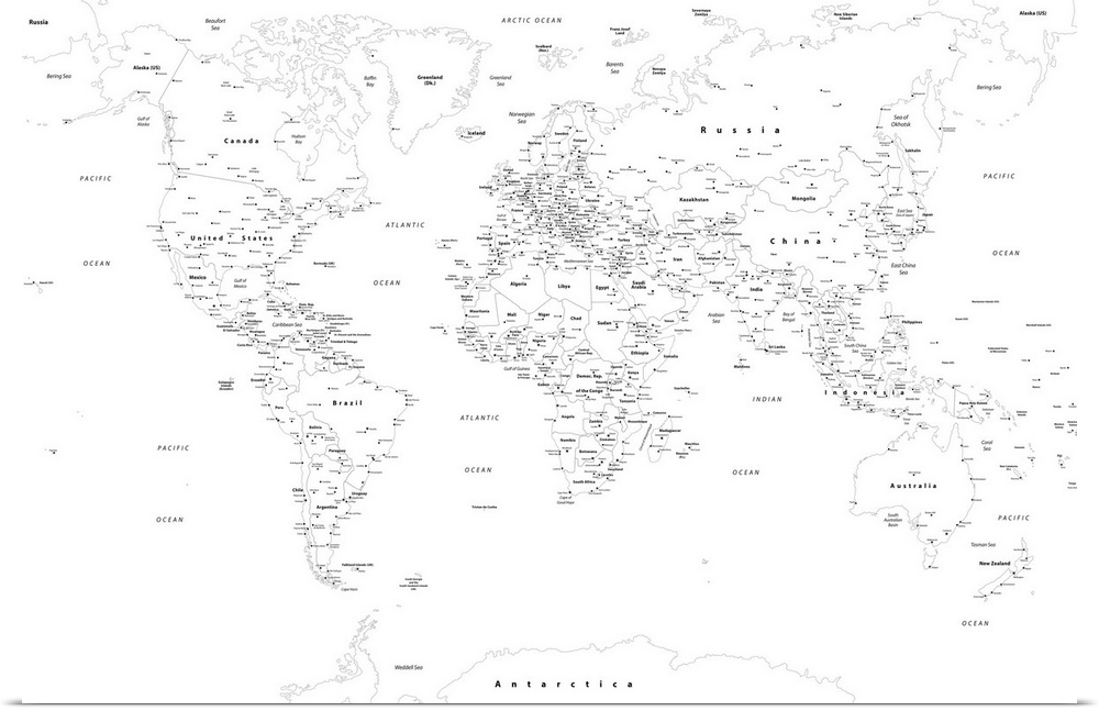 Black and white outlined map of the World with a modern font.