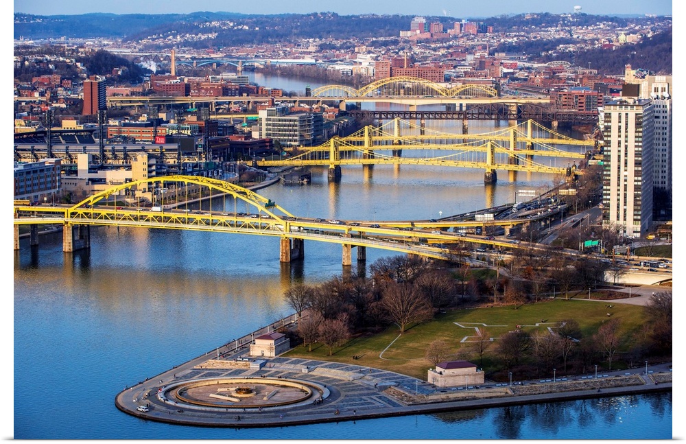 Photo of Fort Duquesne Bridge, Three Sisters Bridges, and David Mccullough Bridge with Point State Park.