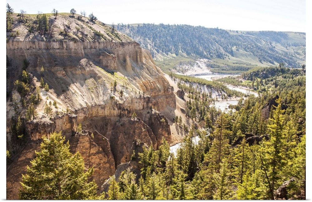 Canyons and lush forests are located at  Yellowstone National Park in Wyoming.