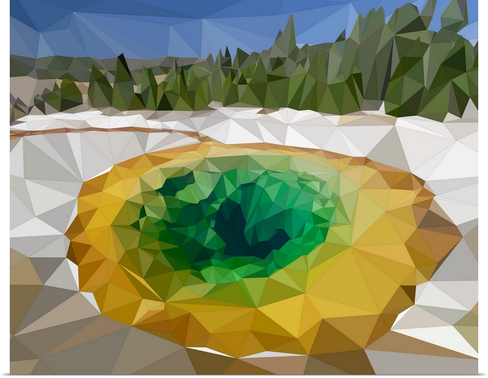 A prismatic volcanic spring in Yellowstone National Park, Wyoming, rendered in a low-polygon style.