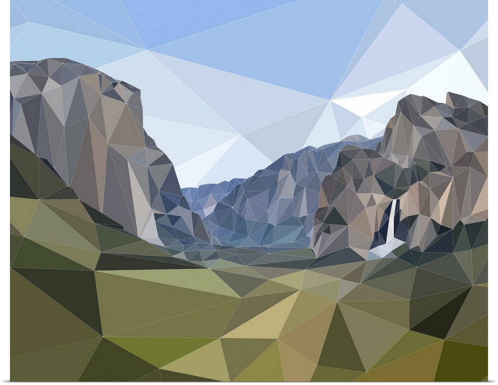 Half Dome and Yosemite Falls in Yosemite National Park, California, rendered in a low-polygon style.