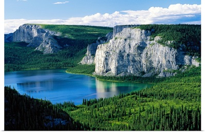 A view of Death Lake and the surrounding forests and cliffs, Northwest Territories, Canada