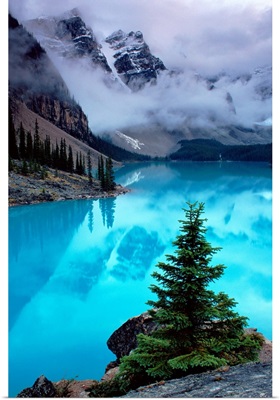 View of Moraine Lake with low-lying clouds at one end, Alberta, Canada